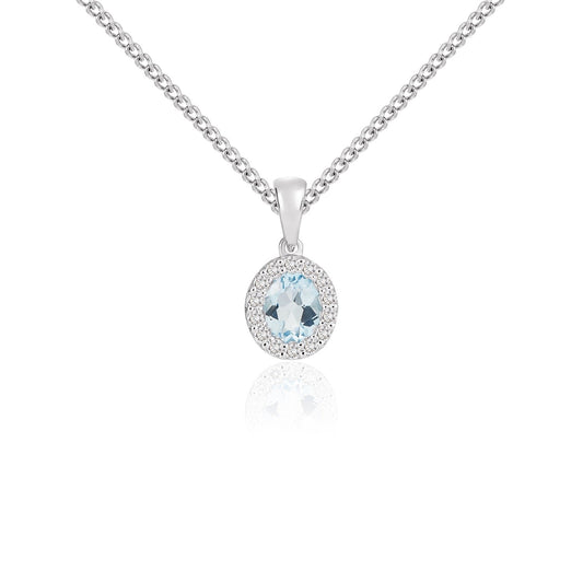 18ct White Gold Oval Natural Aquamarine and Diamond Cluster Pendant — 5x4mm