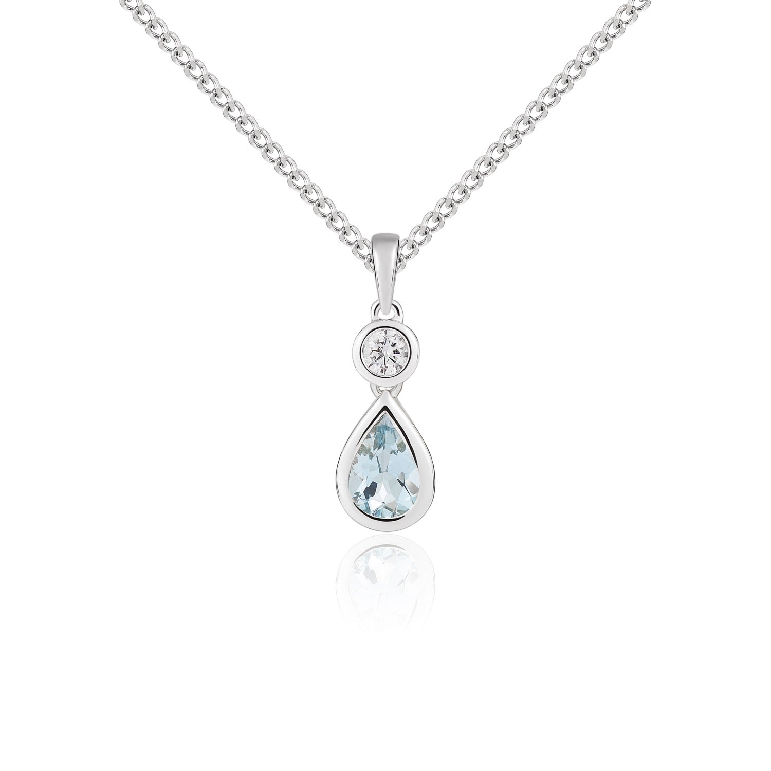 18ct White Gold Pear Shaped Natural Aquamarine and Round Diamond Two Stone Pendant — 6x4mm