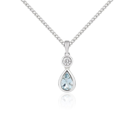 18ct White Gold Pear Shaped Natural Aquamarine and Round Diamond Two Stone Pendant — 6x4mm