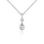 18ct White Gold Pear Shaped Natural Aquamarine & Diamond Two Stone Rubover Pendant — 6x4mm
