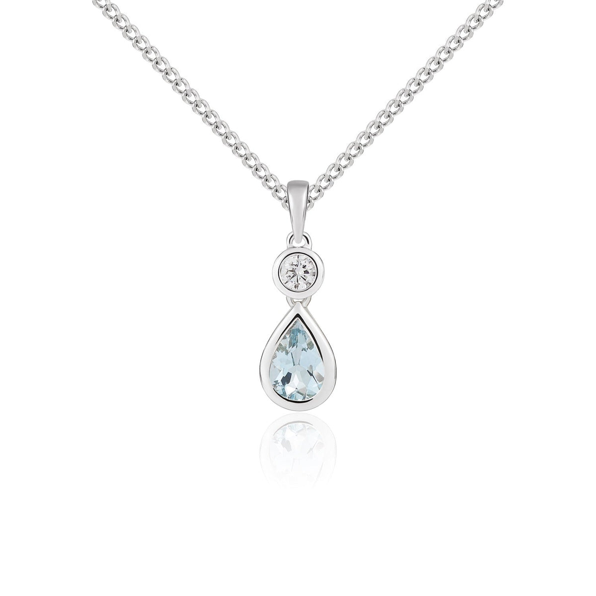 18ct White Gold Pear Shaped Natural Aquamarine & Diamond Two Stone Rubover Pendant — 6x4mm