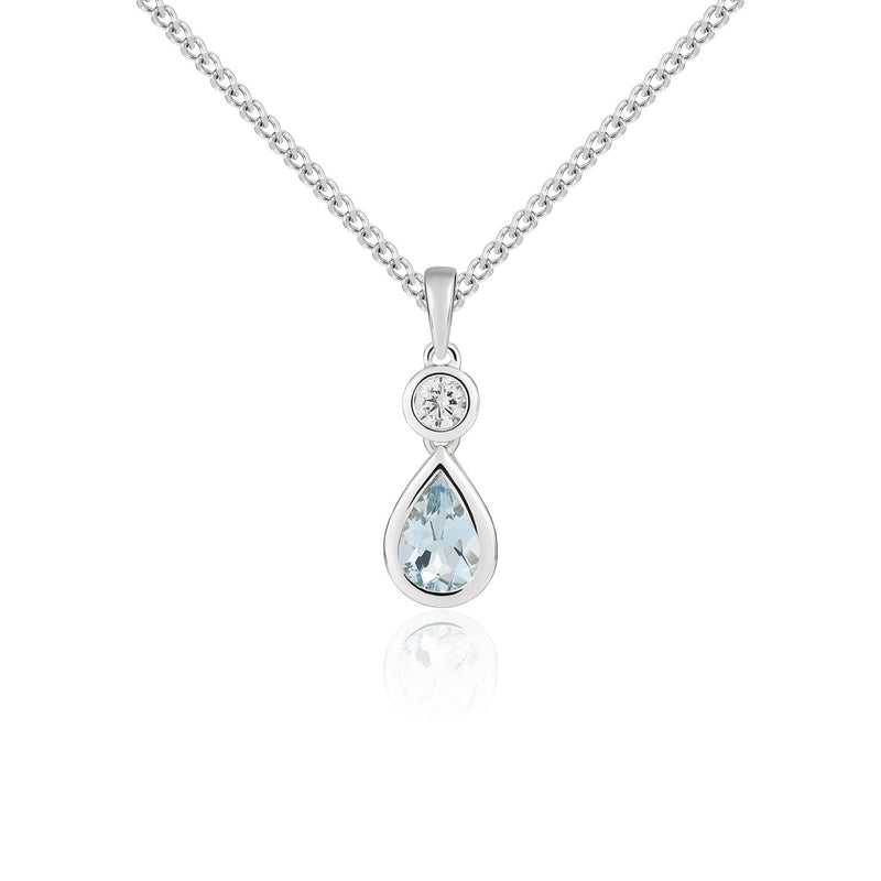 18ct White Gold Pear Shaped Natural Aquamarine & Diamond Two Stone Rubover Pendant — 6x4mm
