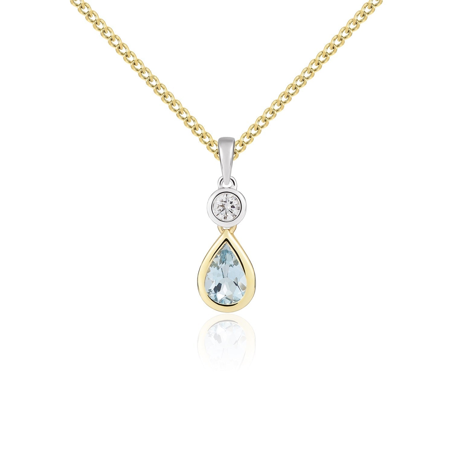 18ct Yellow and White Gold Pear Shaped Natural Aquamarine and Round Diamond Two Stone Pendant — 6x4mm