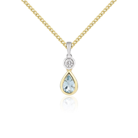 18ct Yellow and White Gold Pear Shaped Natural Aquamarine and Round Diamond Two Stone Pendant — 6x4mm