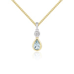 18ct Yellow Gold Pear Shaped Natural Aquamarine & Diamond Two Stone Rubover Pendant — 6x4mm