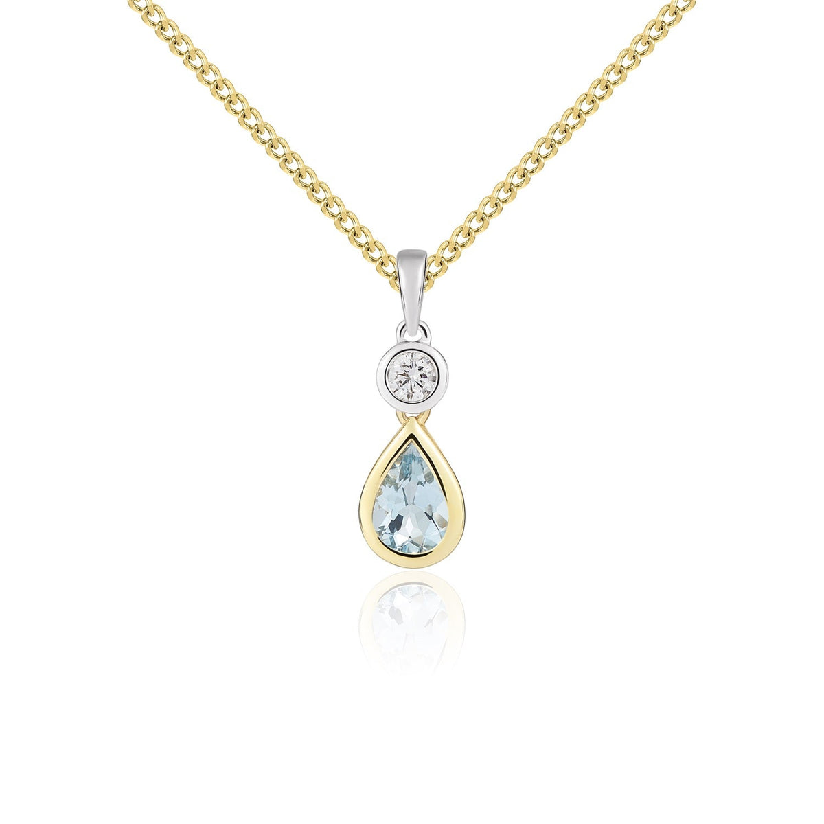18ct Yellow Gold Pear Shaped Natural Aquamarine & Diamond Two Stone Rubover Pendant — 6x4mm