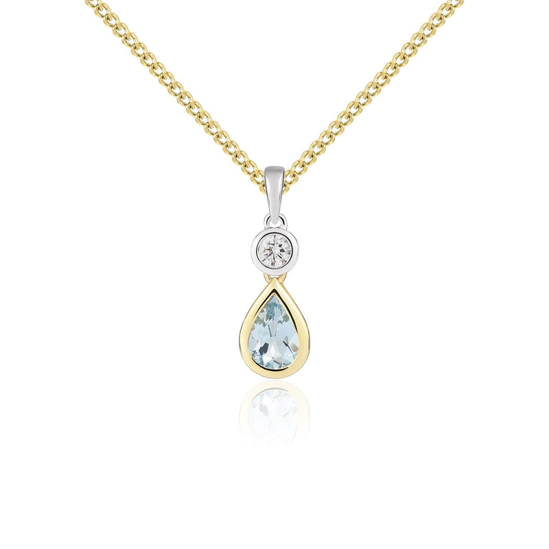 18ct Yellow Gold Pear Shaped Natural Aquamarine & Diamond Two Stone Rubover Pendant — 6x4mm