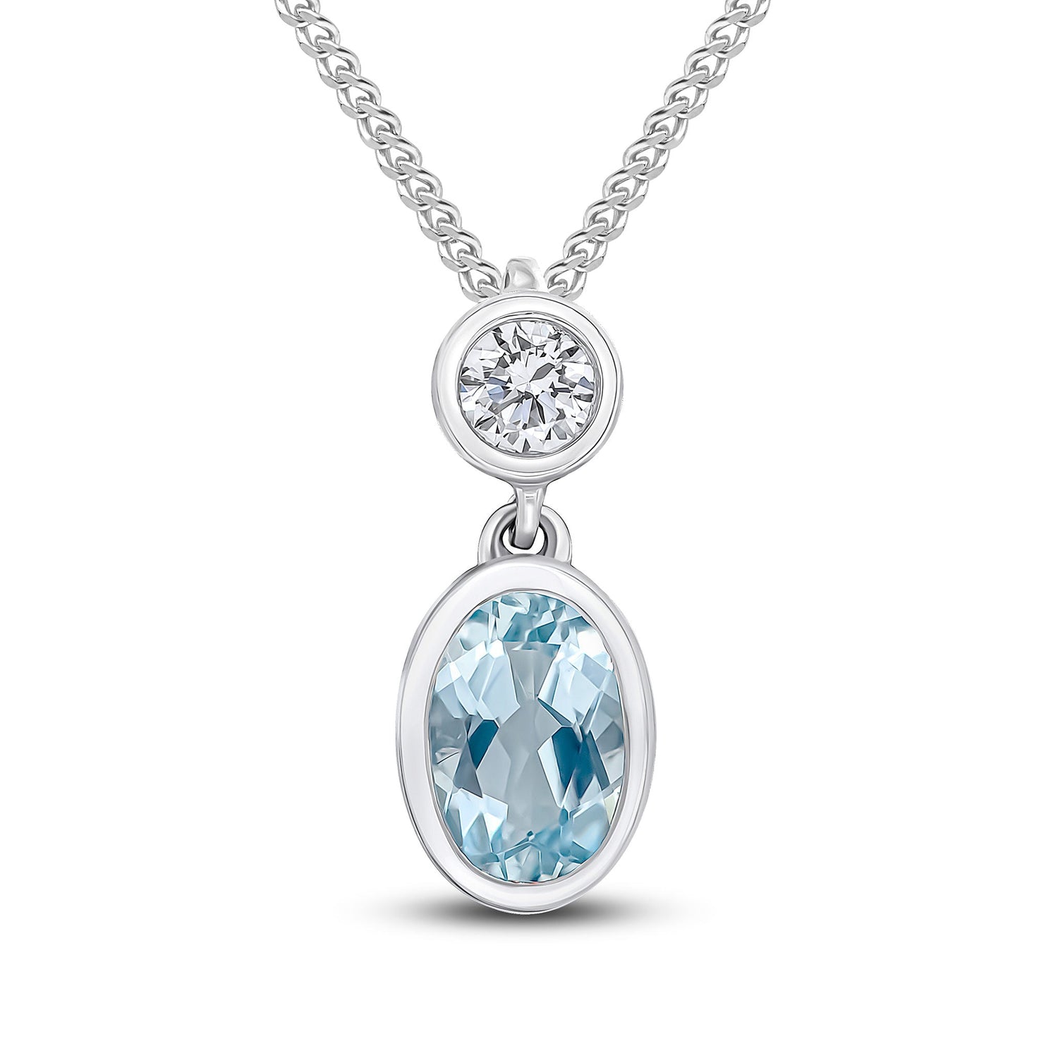 18ct White Gold Oval Natural Aquamarine and Diamond Two Stone Pendant