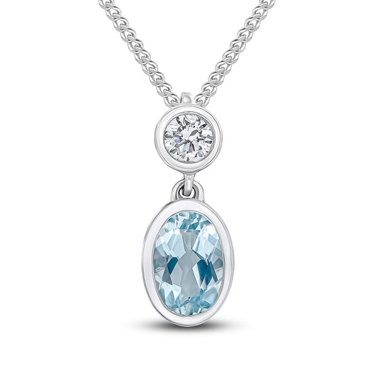 18ct White Gold Oval Natural Aquamarine and Diamond Two Stone Pendant