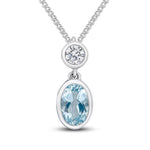 18ct White Gold Oval Natural Aquamarine & Diamond Two Stone Rubover Slider Pendant — 6x4mm
