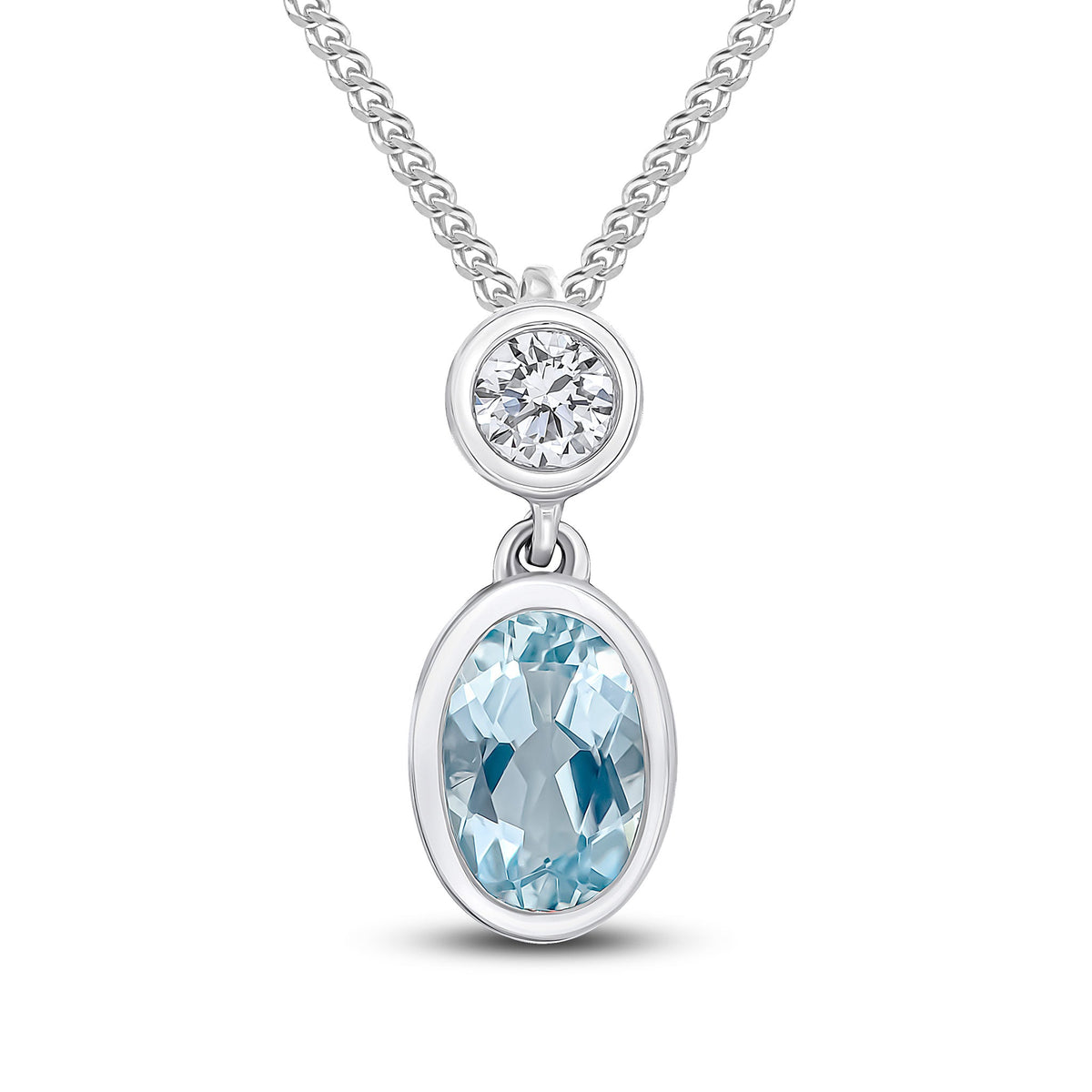 18ct White Gold Oval Natural Aquamarine & Diamond Two Stone Rubover Slider Pendant — 6x4mm