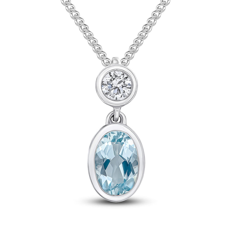 18ct White Gold Oval Natural Aquamarine & Diamond Two Stone Rubover Slider Pendant — 6x4mm