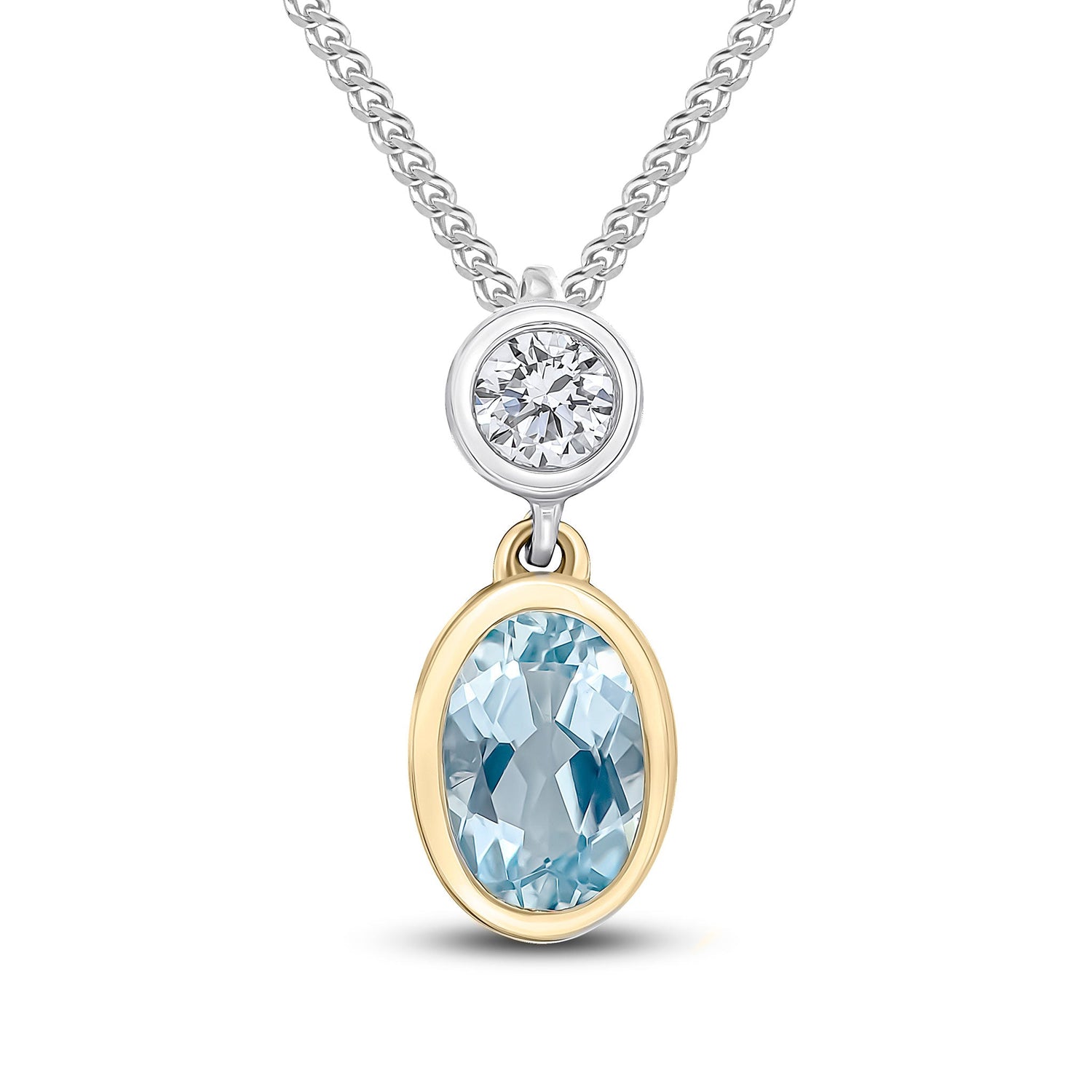 18ct Yellow and White Gold Oval Natural Aquamarine and Round Diamond Two Stone Pendant — 6x4mm