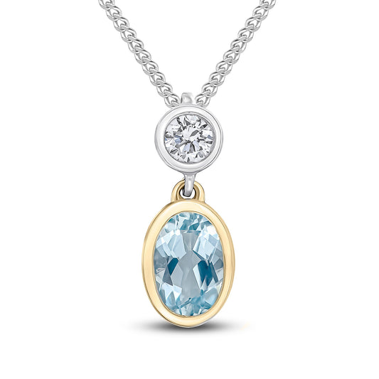 18ct Yellow and White Gold Oval Natural Aquamarine and Round Diamond Two Stone Pendant — 6x4mm