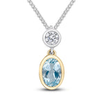 18ct Yellow and White Gold Oval Natural Aquamarine & Diamond Two Stone Rubover Slider Pendant — 6x4mm