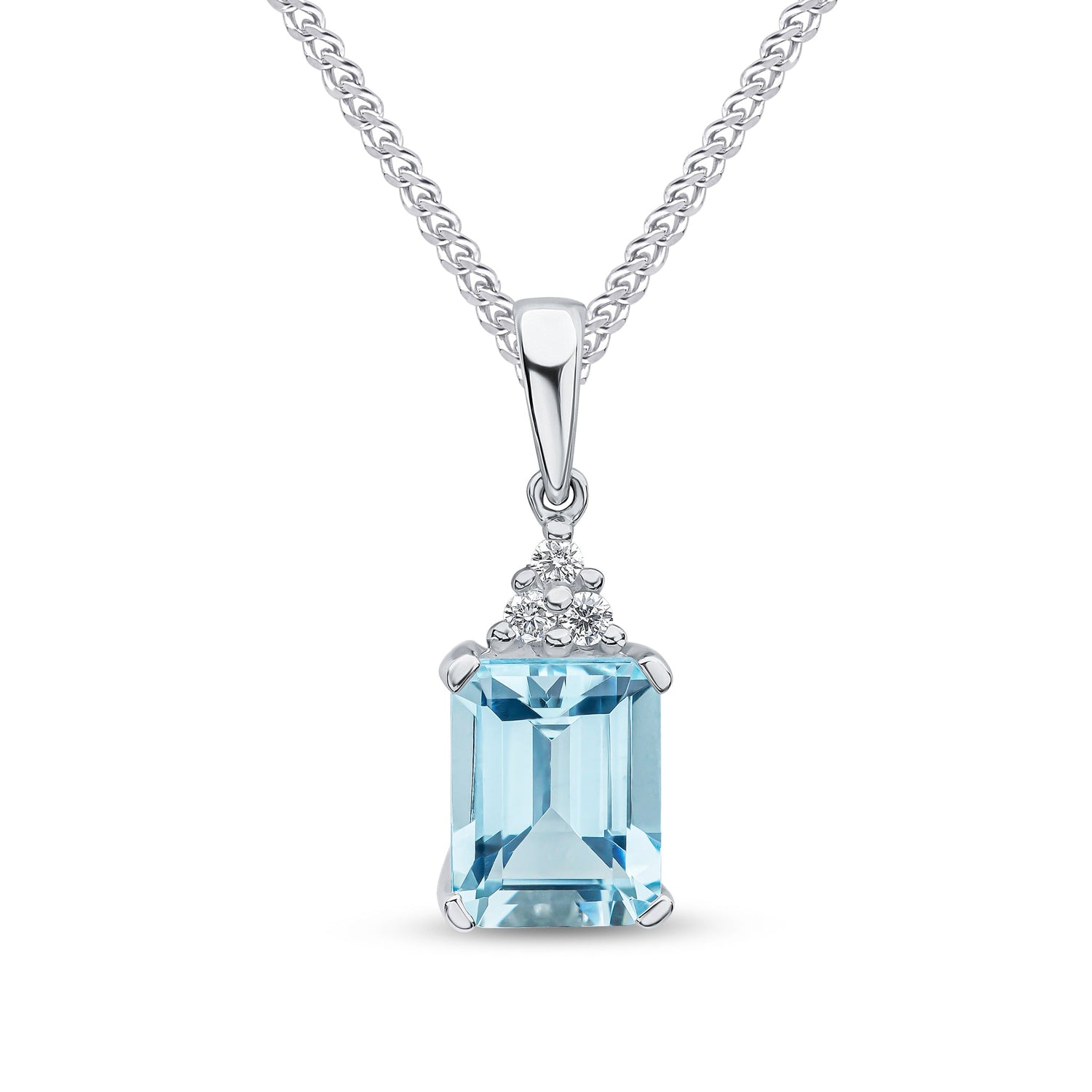 18ct White Gold Octagonal Emerald Cut Natural Aquamarine and Round Diamond Trefoil Top Pendant — 9x7mm