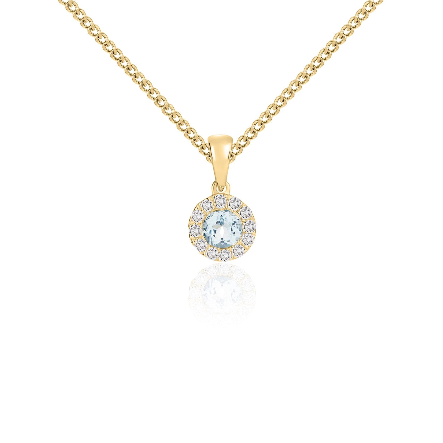 18ct Yellow Gold Round Natural Aquamarine and Diamond Cluster Pendant — 4mm
