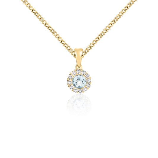 18ct Yellow Gold Round Natural Aquamarine and Diamond Cluster Pendant — 4mm