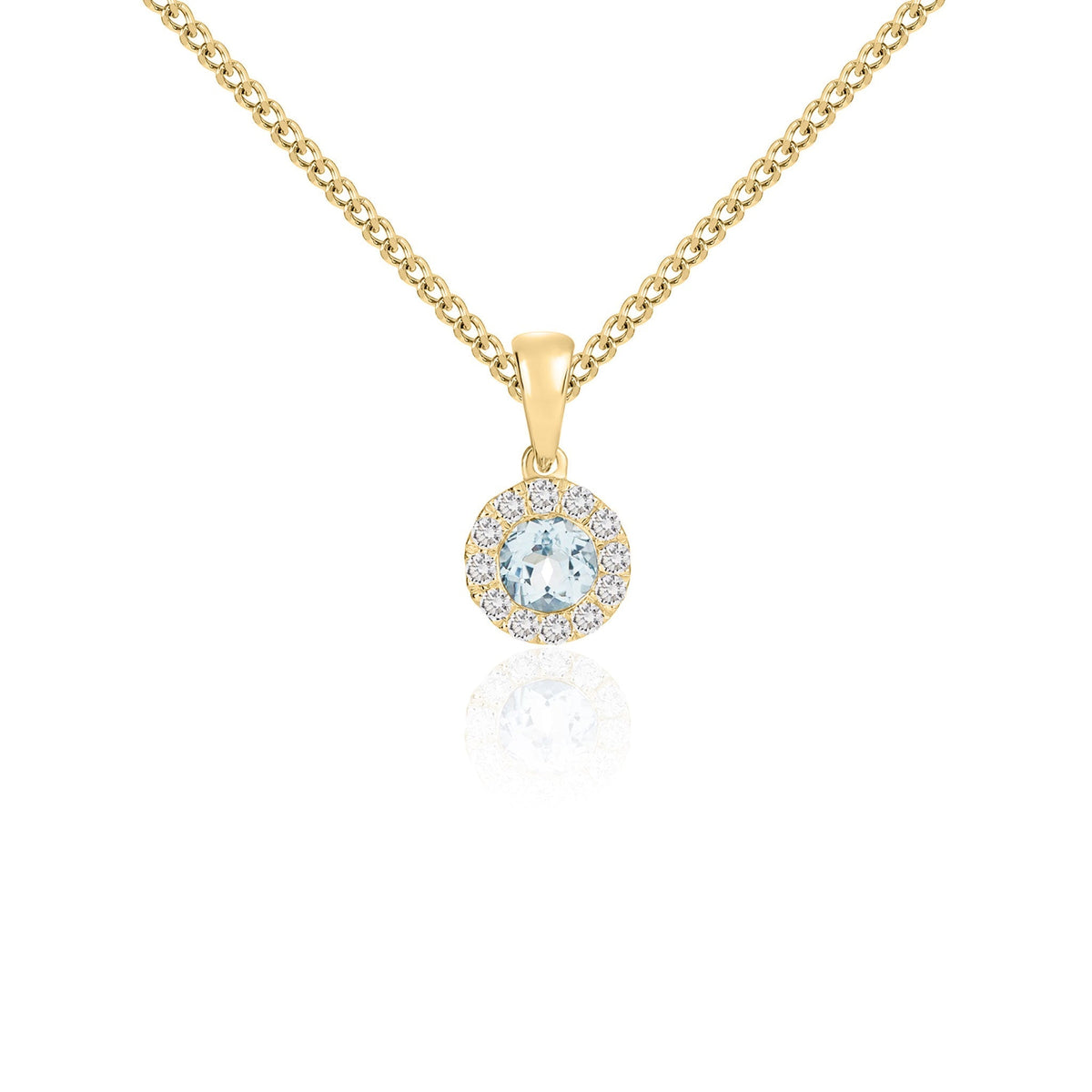 18ct Yellow Gold Round Natural Aquamarine & Diamond Microset Cluster Pendant — 4mm