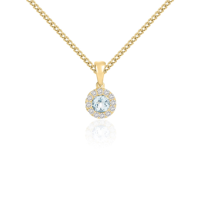 18ct Yellow Gold Round Natural Aquamarine & Diamond Microset Cluster Pendant — 4mm