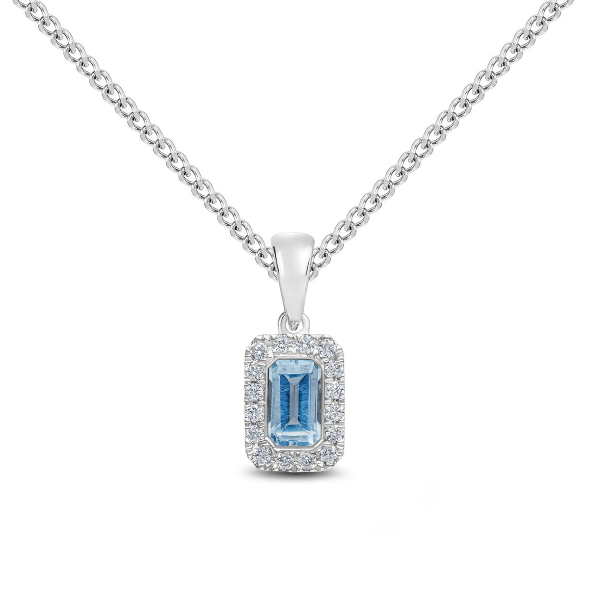 18ct White Gold Octagonal Natural Aquamarine & Diamond Microset Cluster Pendant — 5x3mm