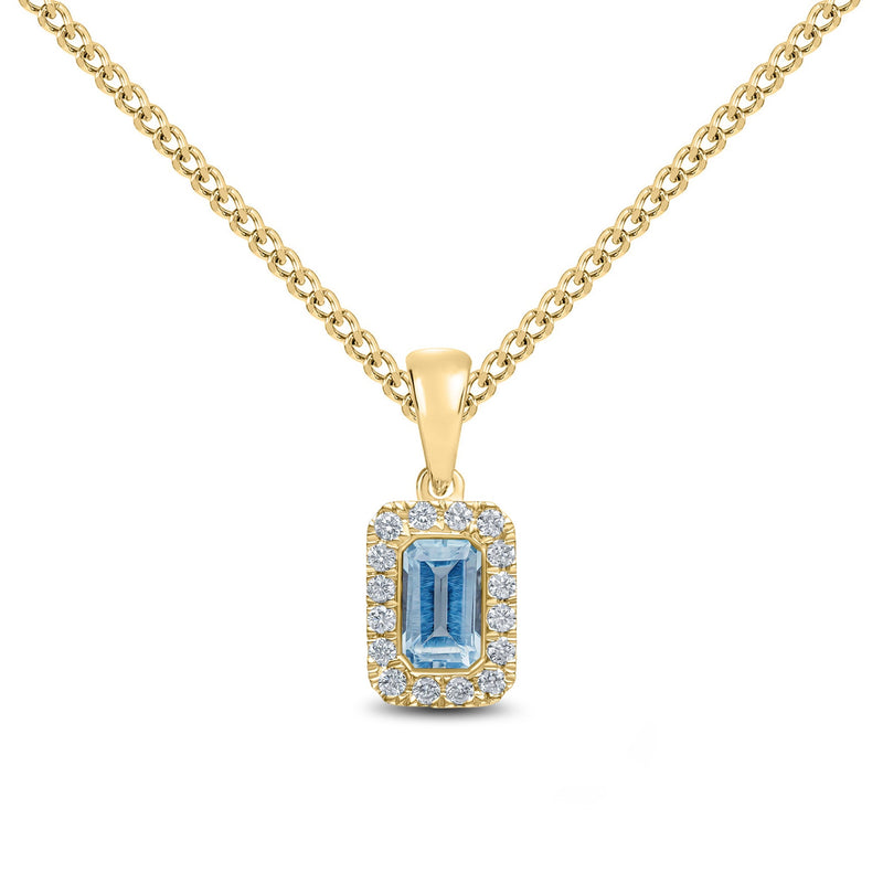18ct Yellow Gold Octagonal Natural Aquamarine & Diamond Microset Cluster Pendant — 5x3mm