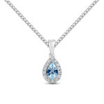 18ct White Gold Pear Shaped Natural Aquamarine & Diamond Microset Cluster Pendant — 6x4mm
