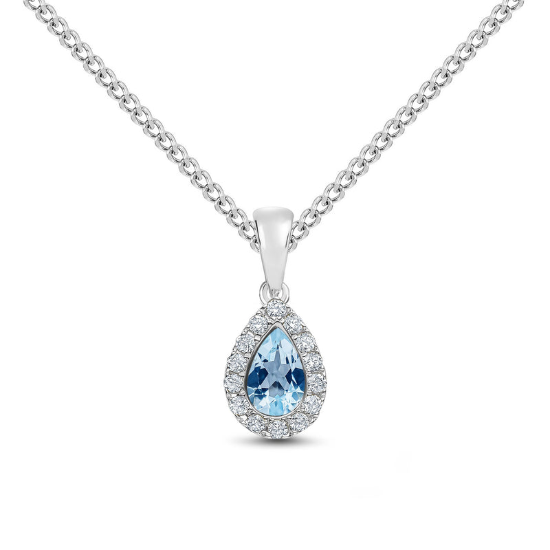 18ct White Gold Pear Shaped Natural Aquamarine & Diamond Microset Cluster Pendant — 6x4mm