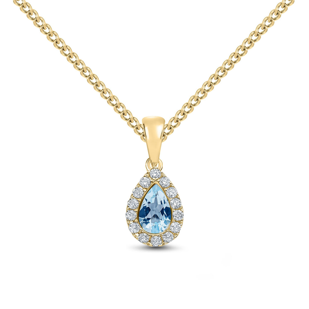 18ct Yellow Gold Pear Shaped Natural Aquamarine & Diamond Microset Cluster Pendant — 6x4mm