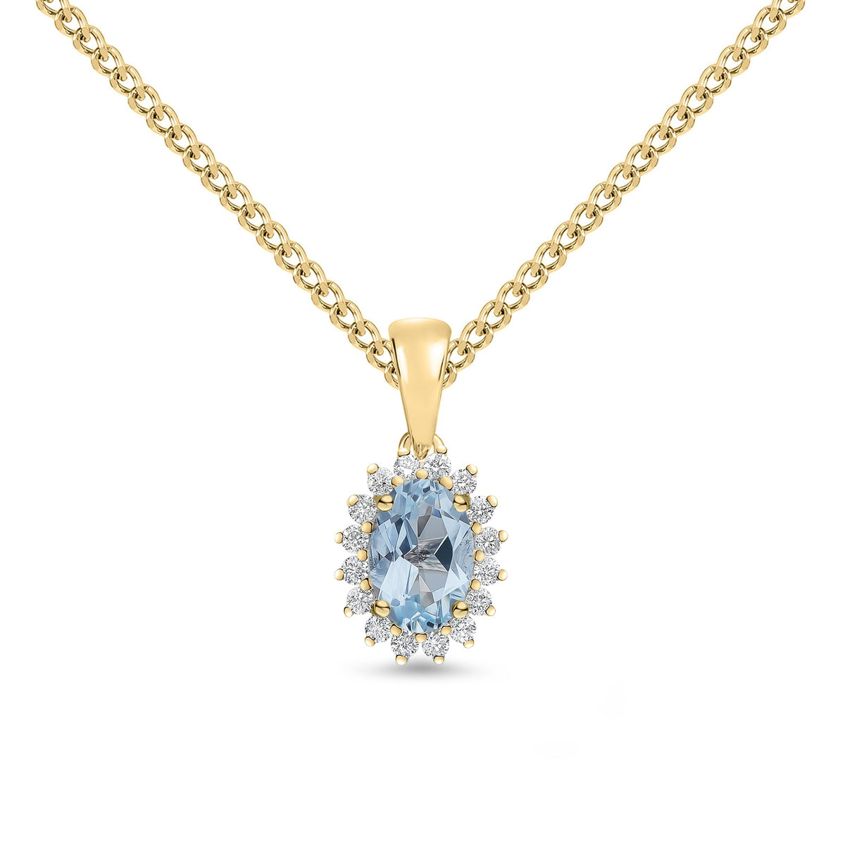 18ct Yellow Gold Oval Natural Aquamarine & Diamond Claw Set Cluster Pendant — 6x4mm