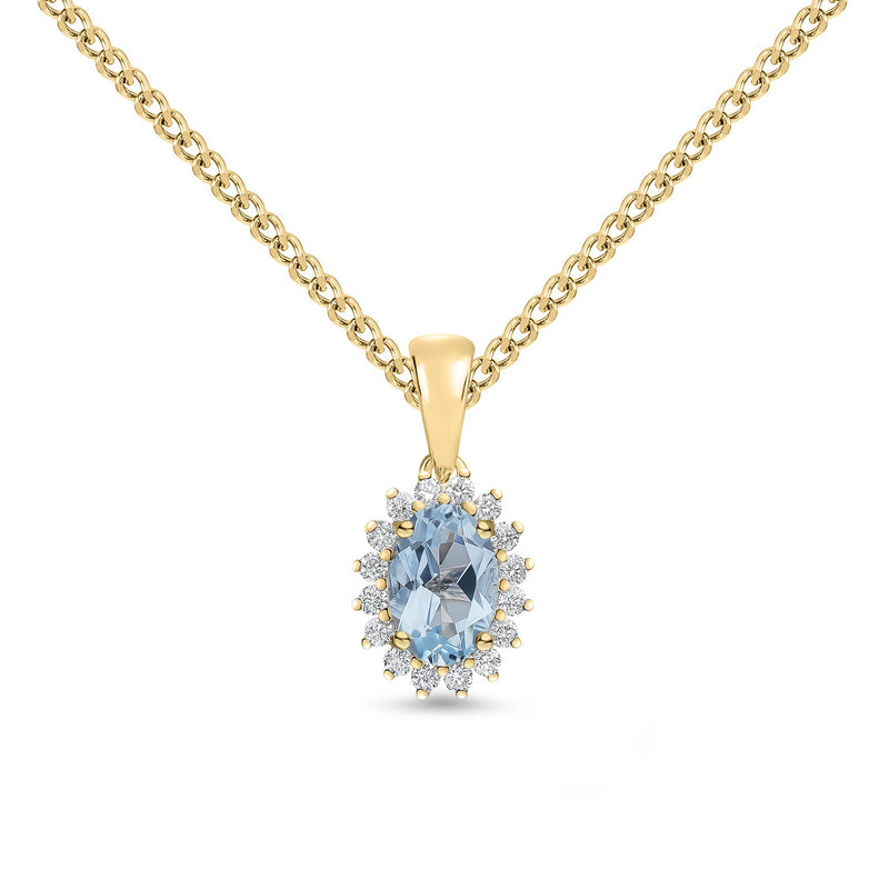 18ct Yellow Gold Oval Natural Aquamarine & Diamond Claw Set Cluster Pendant — 6x4mm