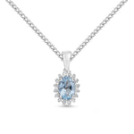 18ct White Gold Oval Natural Aquamarine & Diamond Claw Set Cluster Pendant — 6x4mm