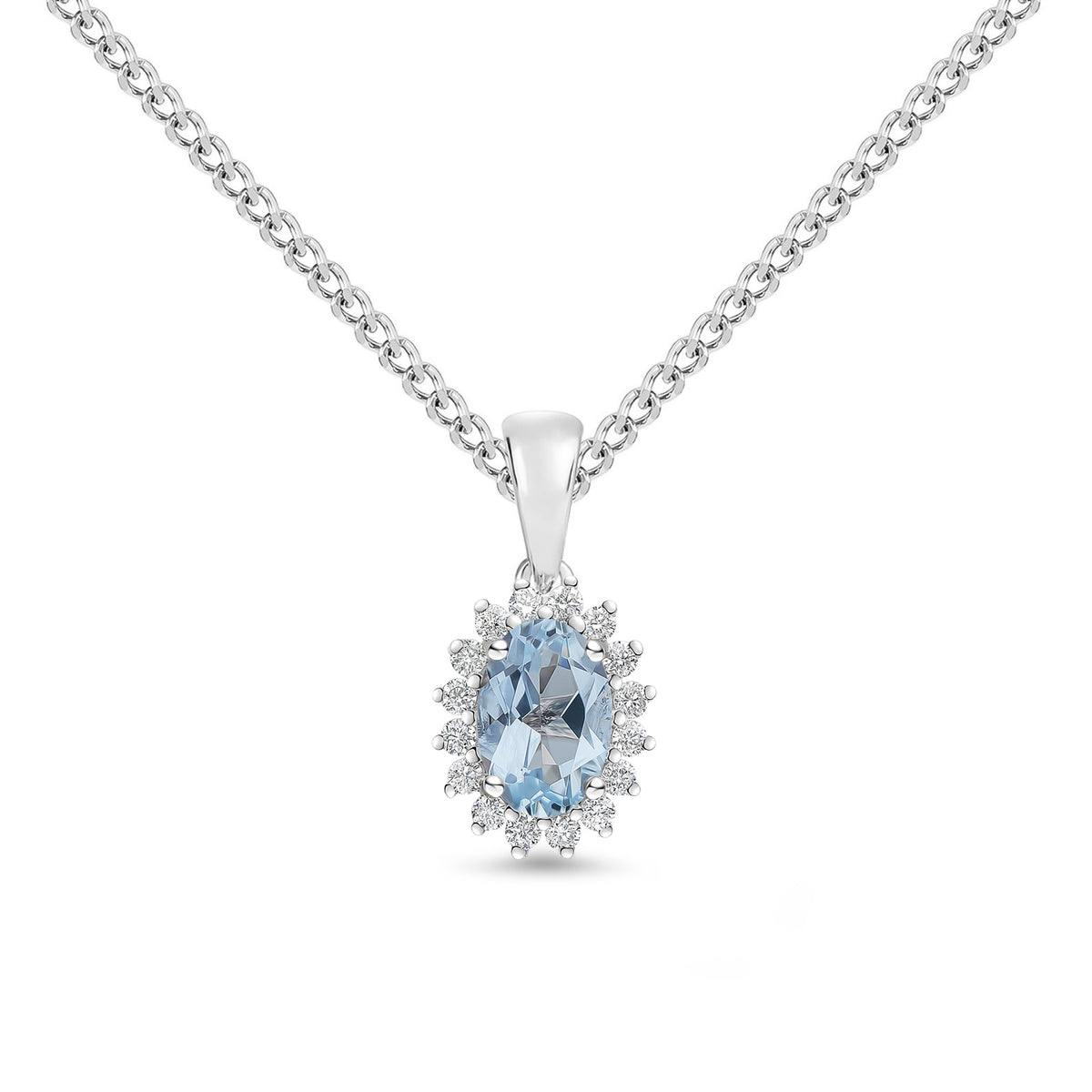 18ct White Gold Oval Natural Aquamarine & Diamond Claw Set Cluster Pendant — 6x4mm