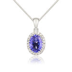 18ct White Gold Oval Natural Tanzanite & Diamond Claw Set Cluster Pendant — 7x5mm