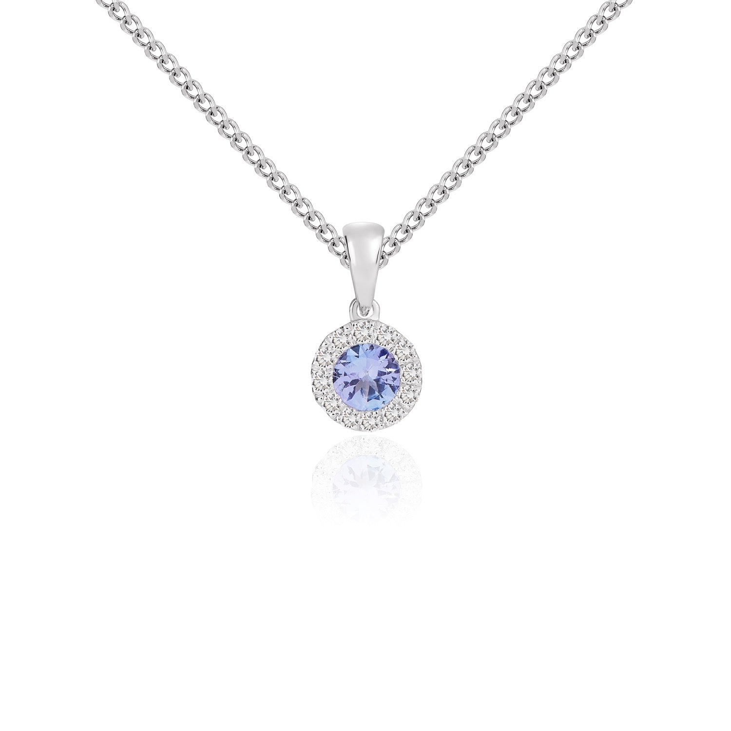 18ct White Gold Round Natural Tanzanite and Diamond Cluster Pendant