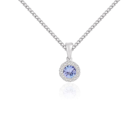 18ct White Gold Round Natural Tanzanite and Diamond Cluster Pendant