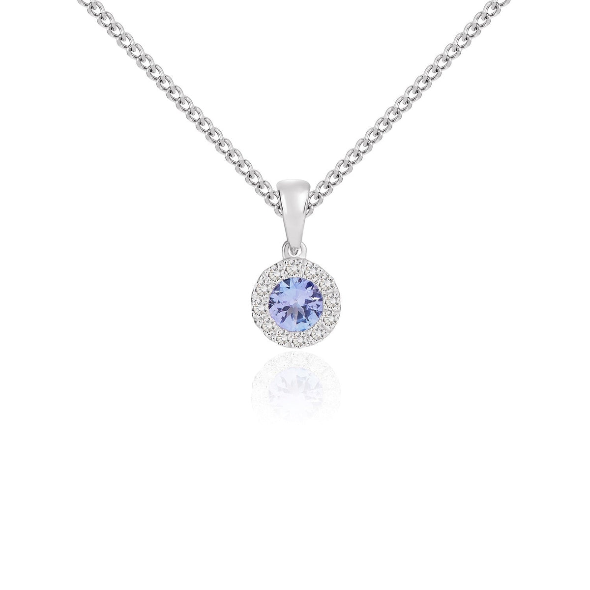 18ct White Gold Round Natural Tanzanite & Diamond Microset Cluster Pendant — 4mm