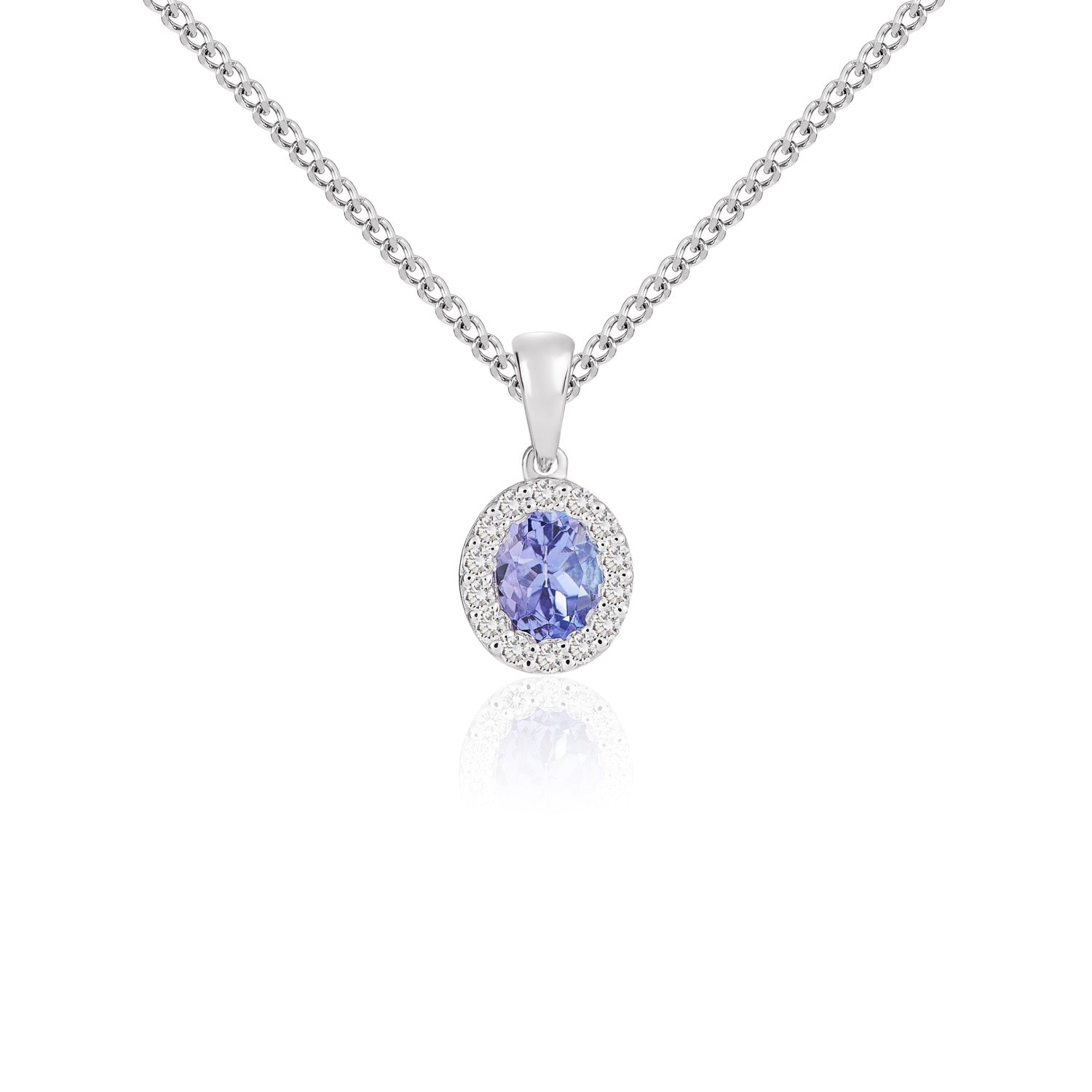 18ct White Gold Oval Natural Tanzanite and Diamond Cluster Pendant — 5x4mm