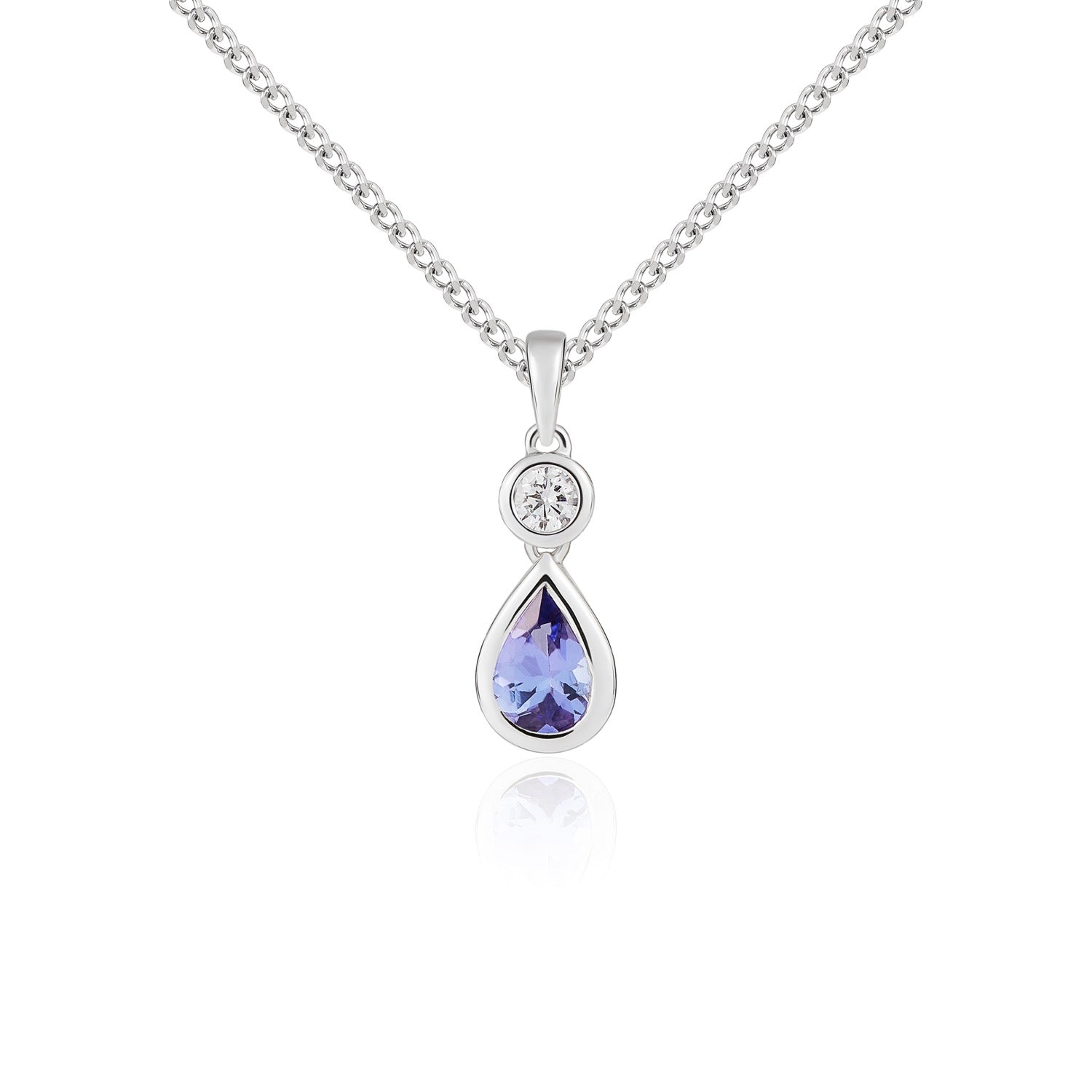 18ct White Gold Pear Shaped Natural Tanzanite and Diamond Two Stone Pendant — 6x4mm