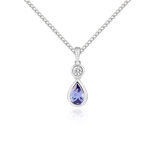 18ct White Gold Pear Shaped Natural Tanzanite and Diamond Two Stone Pendant — 6x4mm