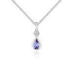 18ct White Gold Pear Shaped Natural Tanzanite & Diamond Two Stone Rubover Pendant — 6x4mm