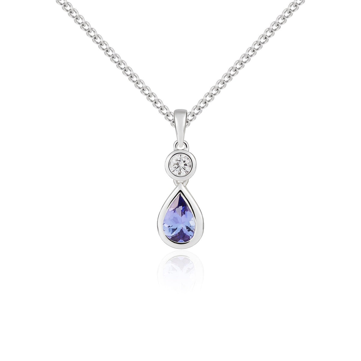 18ct White Gold Pear Shaped Natural Tanzanite & Diamond Two Stone Rubover Pendant — 6x4mm