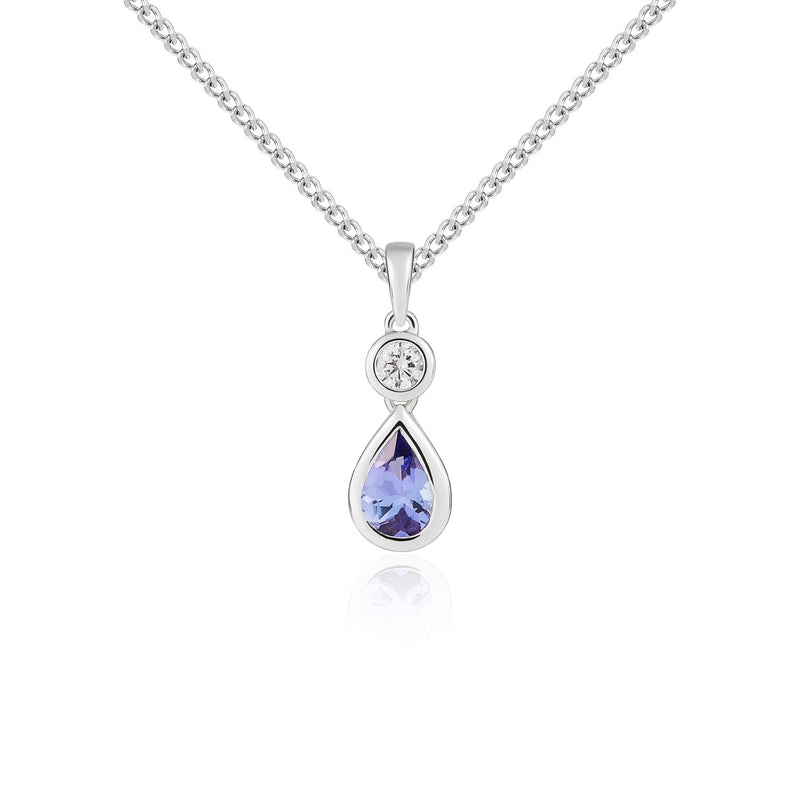 18ct White Gold Pear Shaped Natural Tanzanite & Diamond Two Stone Rubover Pendant — 6x4mm