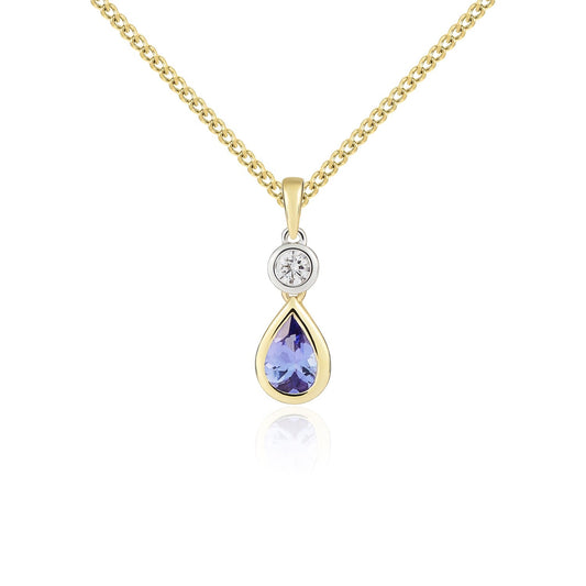 18ct Yellow and White Gold  Pear Shaped Natural Tanzanite and Diamond Two Stone Pendant — 6x4mm
