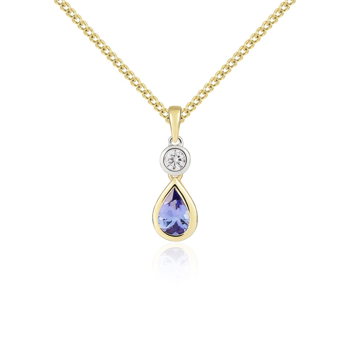 18ct Yellow Gold Pear Shaped Natural Tanzanite & Diamond Two Stone Rubover Pendant — 6x4mm