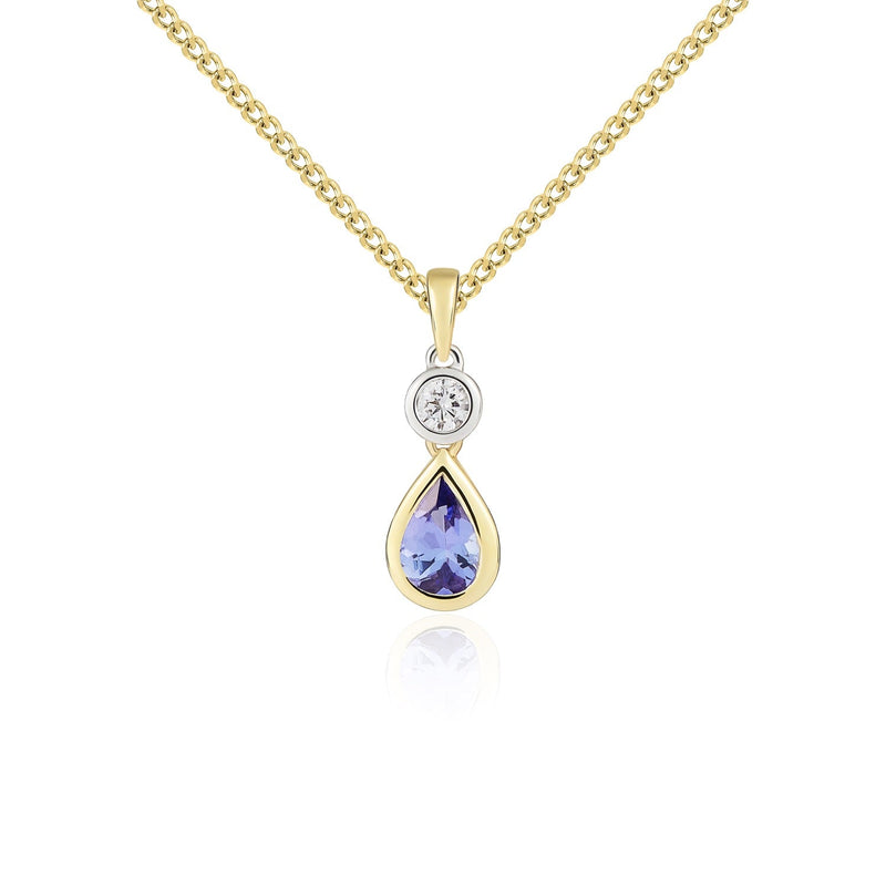 18ct Yellow Gold Pear Shaped Natural Tanzanite & Diamond Two Stone Rubover Pendant — 6x4mm
