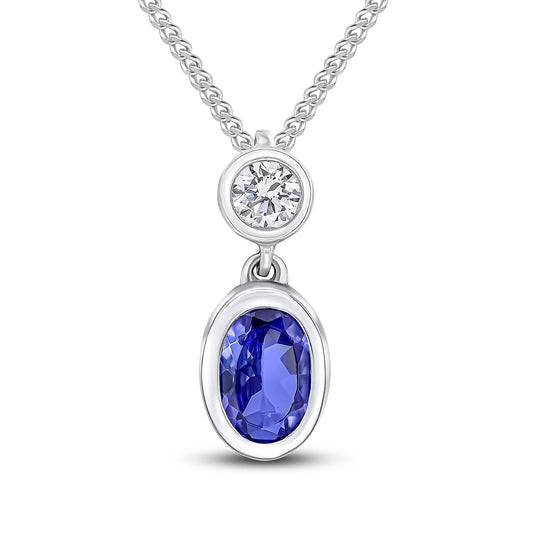 18ct White Gold  Oval Natural Tanzanite and Diamond Two Stone Pendant — 6x4mm