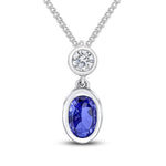18ct White Gold Oval Natural Tanzanite & Diamond Two Stone Rubover Slider Pendant — 6x4mm