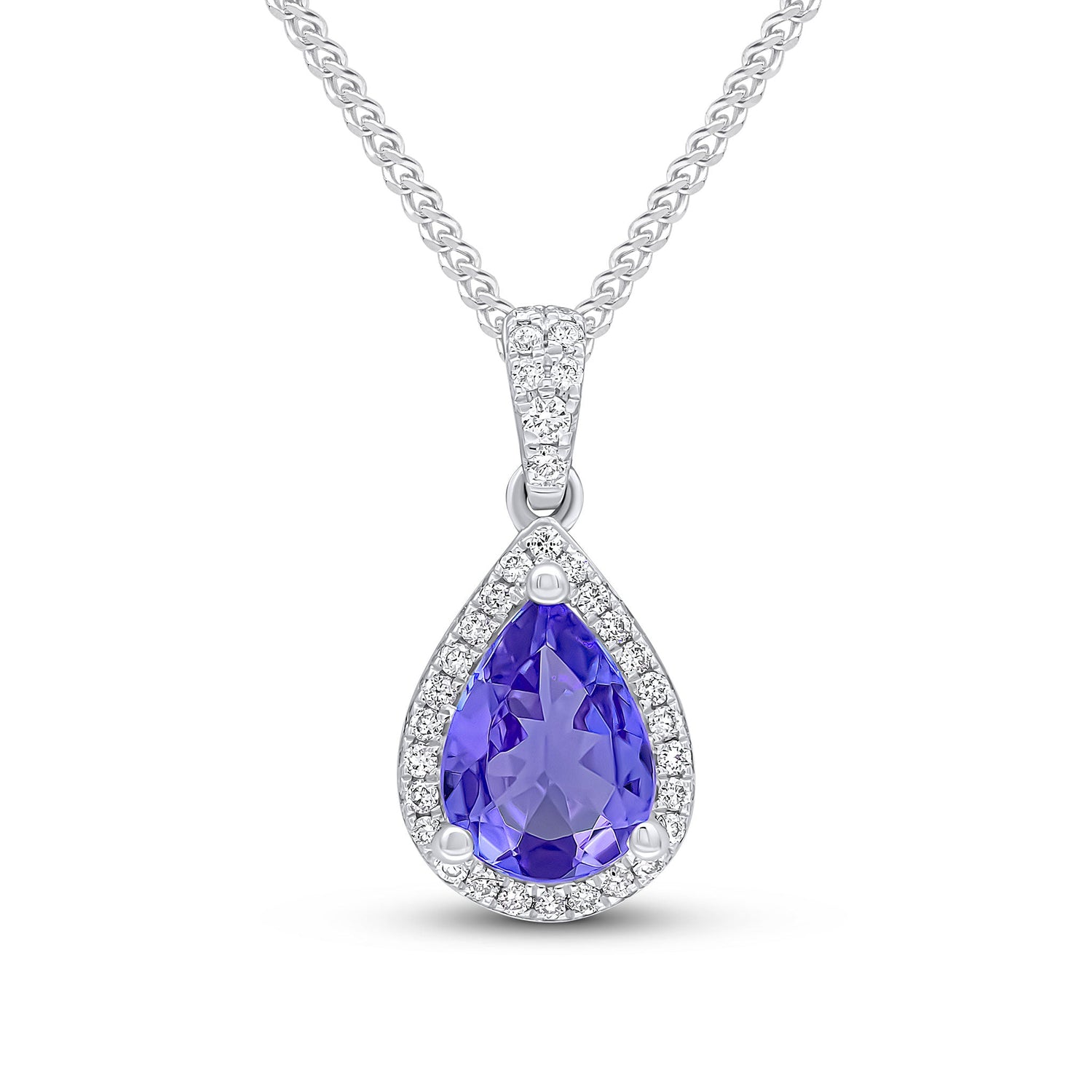 18ct White Gold Pear Shaped Natural Tanzanite and Diamond Cluster Pendant — 8x6mm