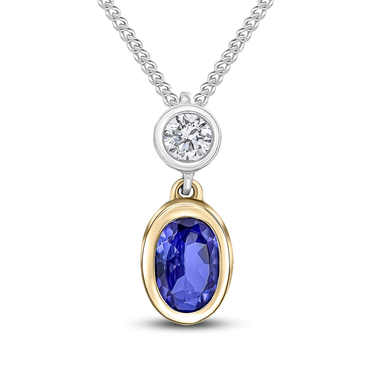 18ct Yellow and White Gold Oval Natural Tanzanite and Diamond Two Stone Pendant — 6x4mm